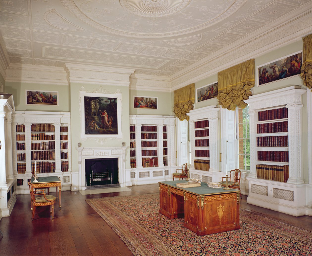 A biblioteca com a escrivaninha de Adam, c.1775, no estilo neoclássico de Unbekannt Unbekannt