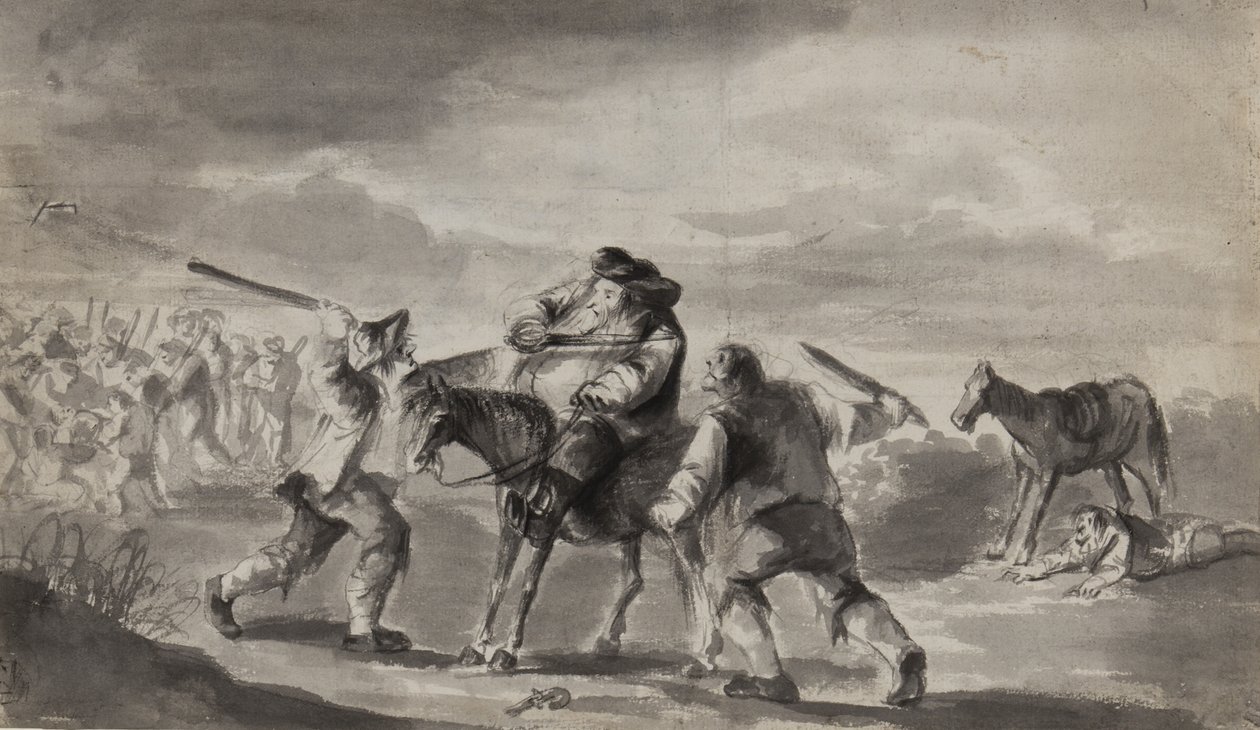 Viajante agredido, possivelmente Hudibras de Samuel Butler, c.1790 (caneta, pincel e tinta no papel) de Unbekannt Unbekannt