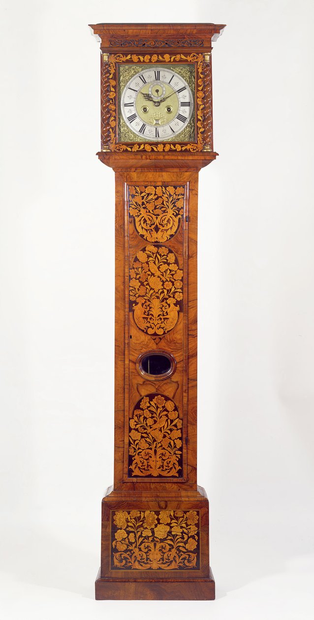 Relógio de longa duração em marchetaria com painel de nogueira, por James Clowes (fl.1671-89) de Unbekannt Unbekannt