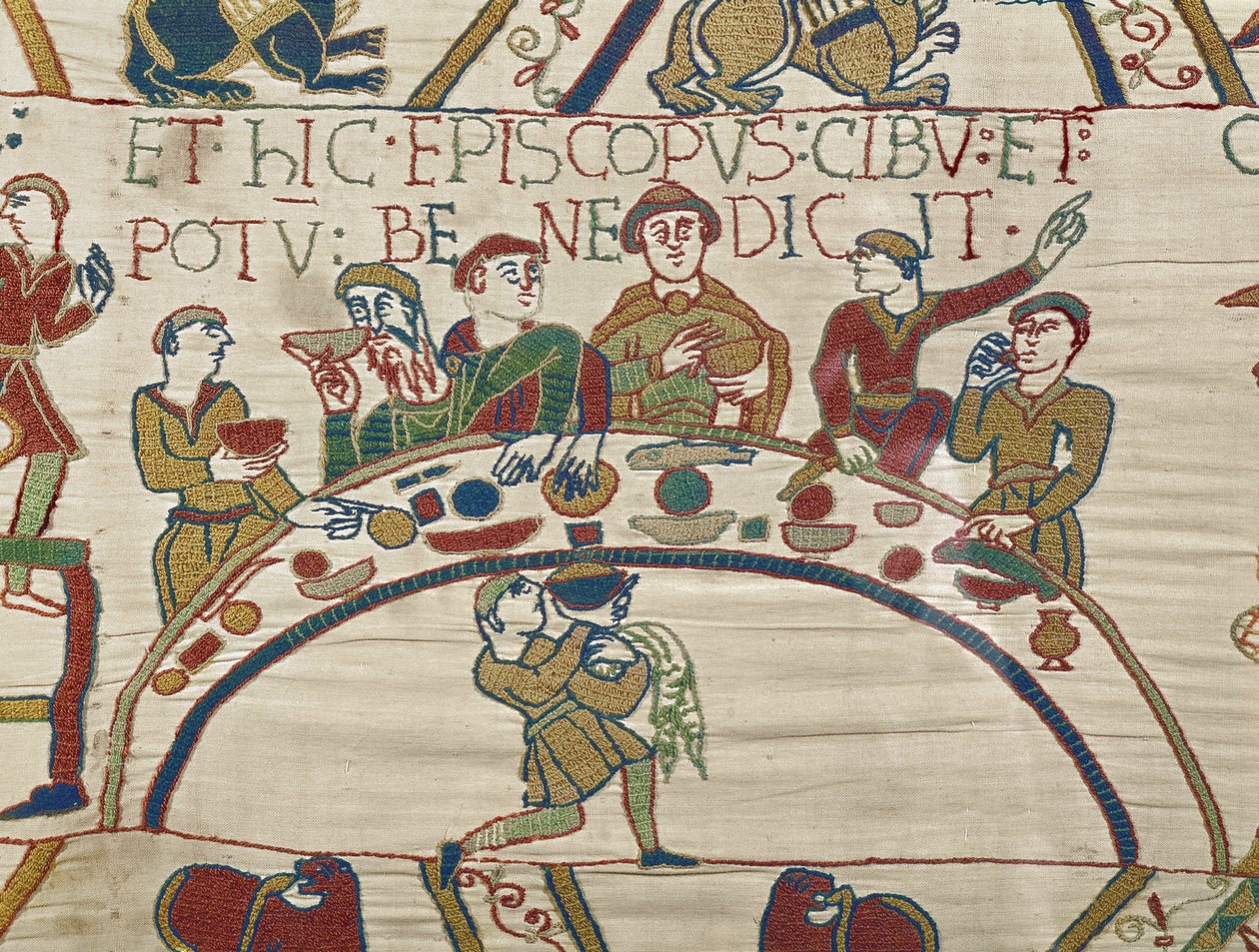 Bispo Odo abençoa a comida e o vinho, a tapeçaria de Bayeux de Unbekannt Unbekannt