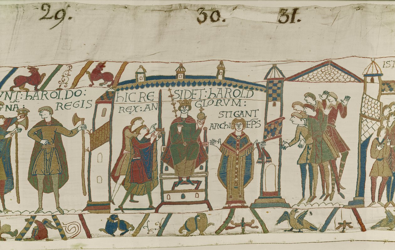 Coroação de Harold como rei inglês, tapeçaria de Bayeux de Unbekannt Unbekannt
