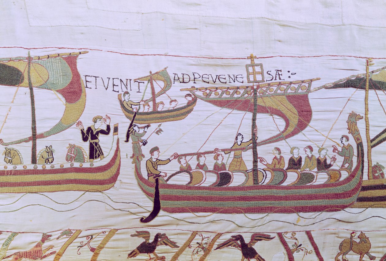 Duque William e a frota de invasão normanda atravessam o canal, a tapeçaria de Bayeux de Unbekannt Unbekannt