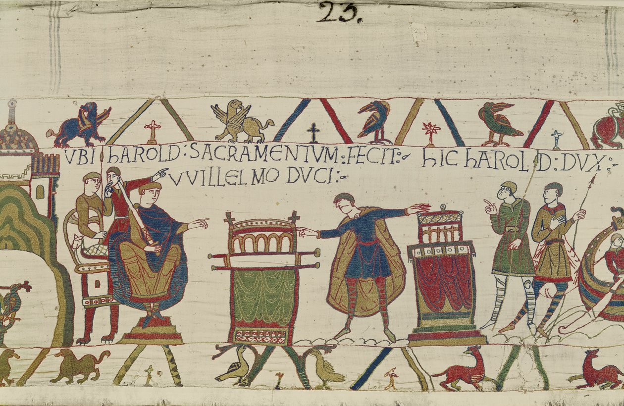 Harold jura um juramento sagrado a William em Bayeux, Tapeçaria de Bayeux de Unbekannt Unbekannt
