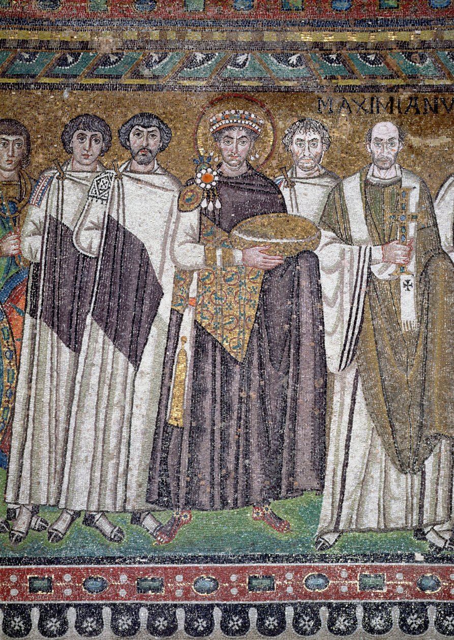 Justiniano I e seu séquito, detalhe do imperador, c.547 dC de Unbekannt Unbekannt