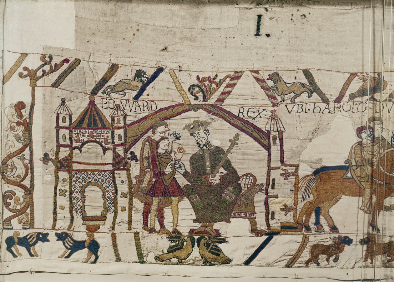 Rei Eduardo, o Confessor, envia Haroldo à Normandia, Tapeçaria de Bayeux de Unbekannt Unbekannt