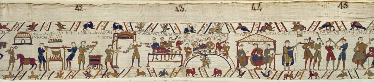 Servos normandos preparando um banquete para William, tapeçaria de Bayeux de Unbekannt Unbekannt