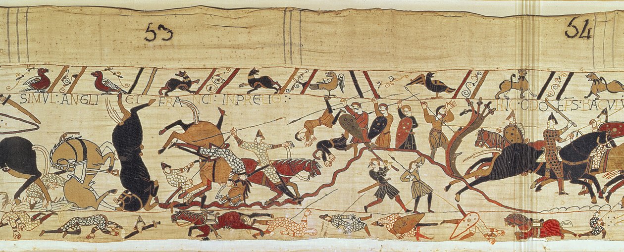 Normandos e ingleses caem lado a lado em batalha, tapeçaria de Bayeux de Unbekannt Unbekannt