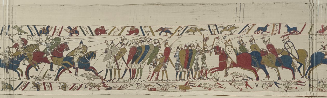 A cavalaria normanda ataca a parede de escudos inglesa e a batalha se une, a tapeçaria de Bayeux de Unbekannt Unbekannt
