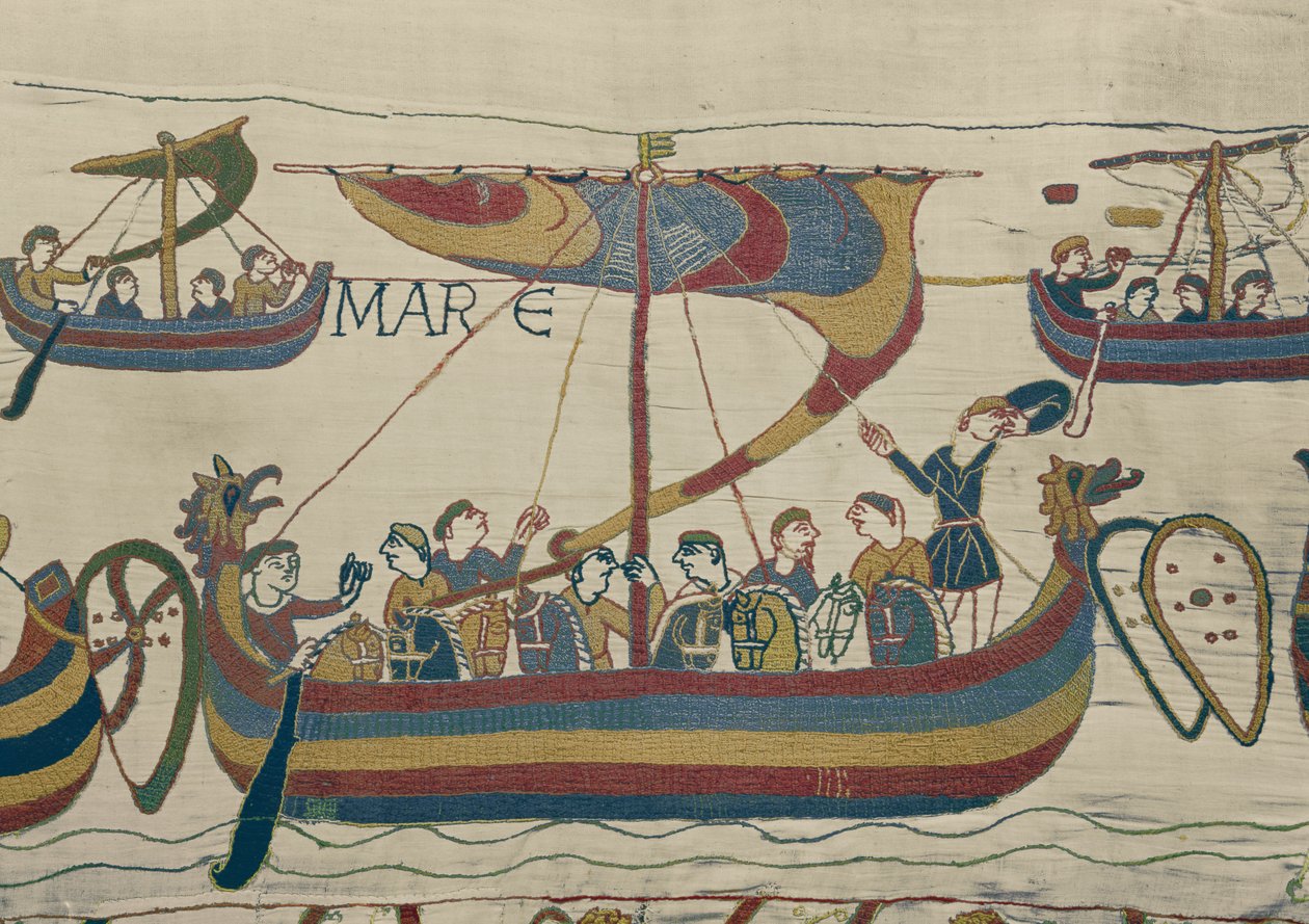 A frota de invasão normanda atravessa o canal, a tapeçaria de Bayeux de Unbekannt Unbekannt