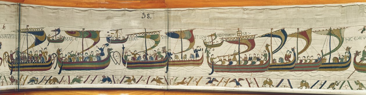 A frota de invasão normanda atravessa o canal, a tapeçaria de Bayeux de Unbekannt Unbekannt