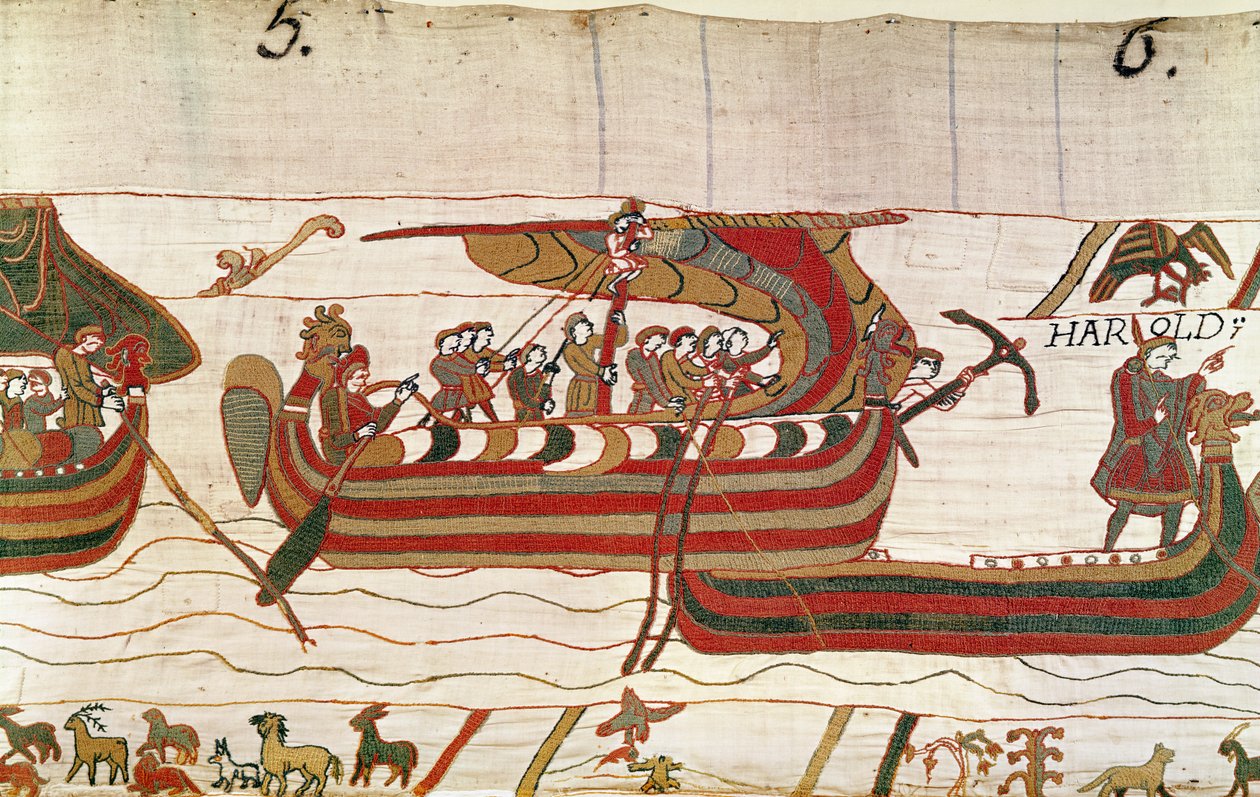 Os navios são soprados pelos ventos em direção ao território do Conde Guy de Ponthieu, tapeçaria de Bayeux de Unbekannt Unbekannt