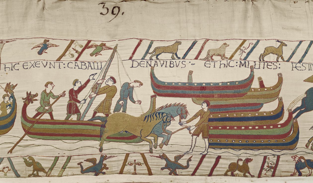Descarregando cavalos dos navios normandos, tapeçaria de Bayeux de Unbekannt Unbekannt