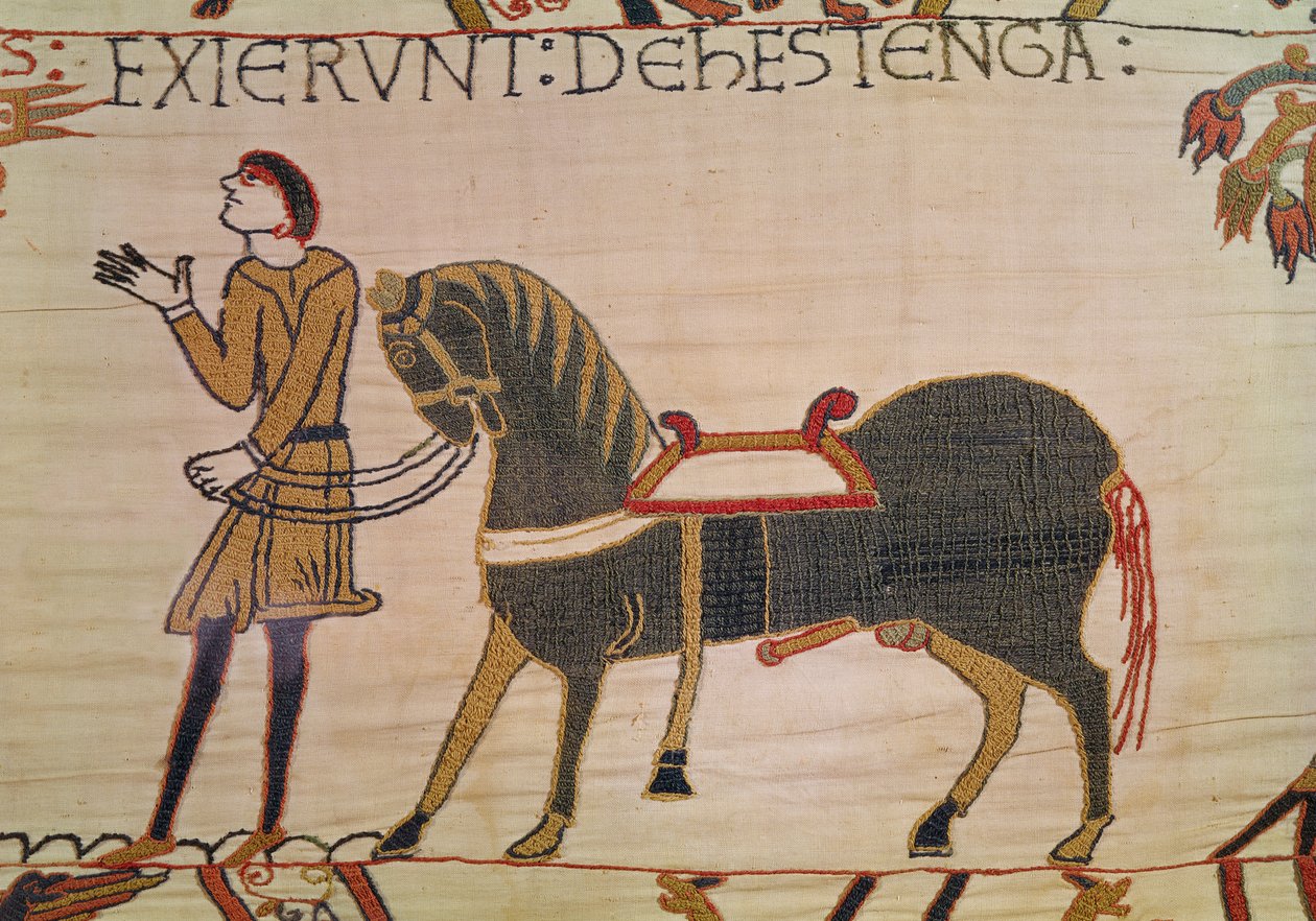 Um noivo traz William seu carregador, tapeçaria de Bayeux de Unbekannt Unbekannt