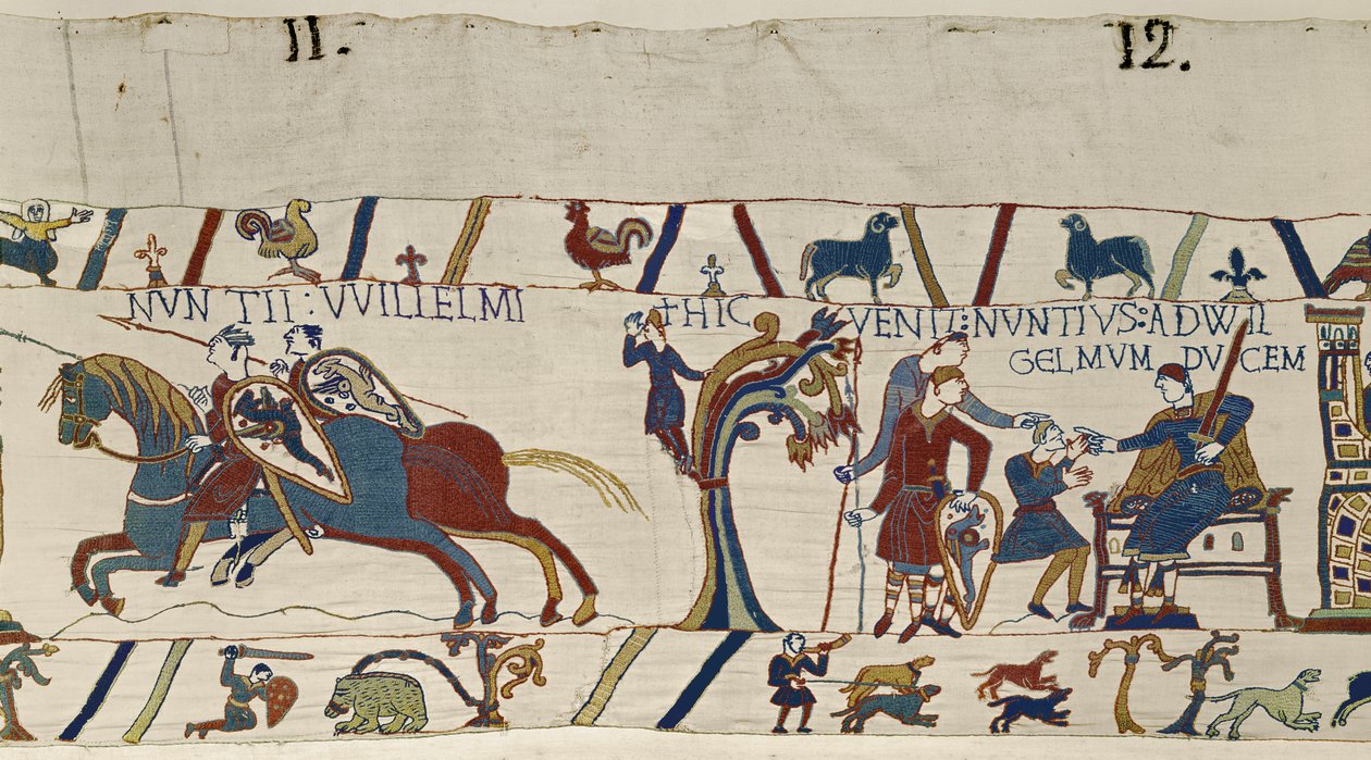 Cavaleiros armados do Duque William chegam para escoltar Harold para ele, Bayeux Tapestry de Unbekannt Unbekannt