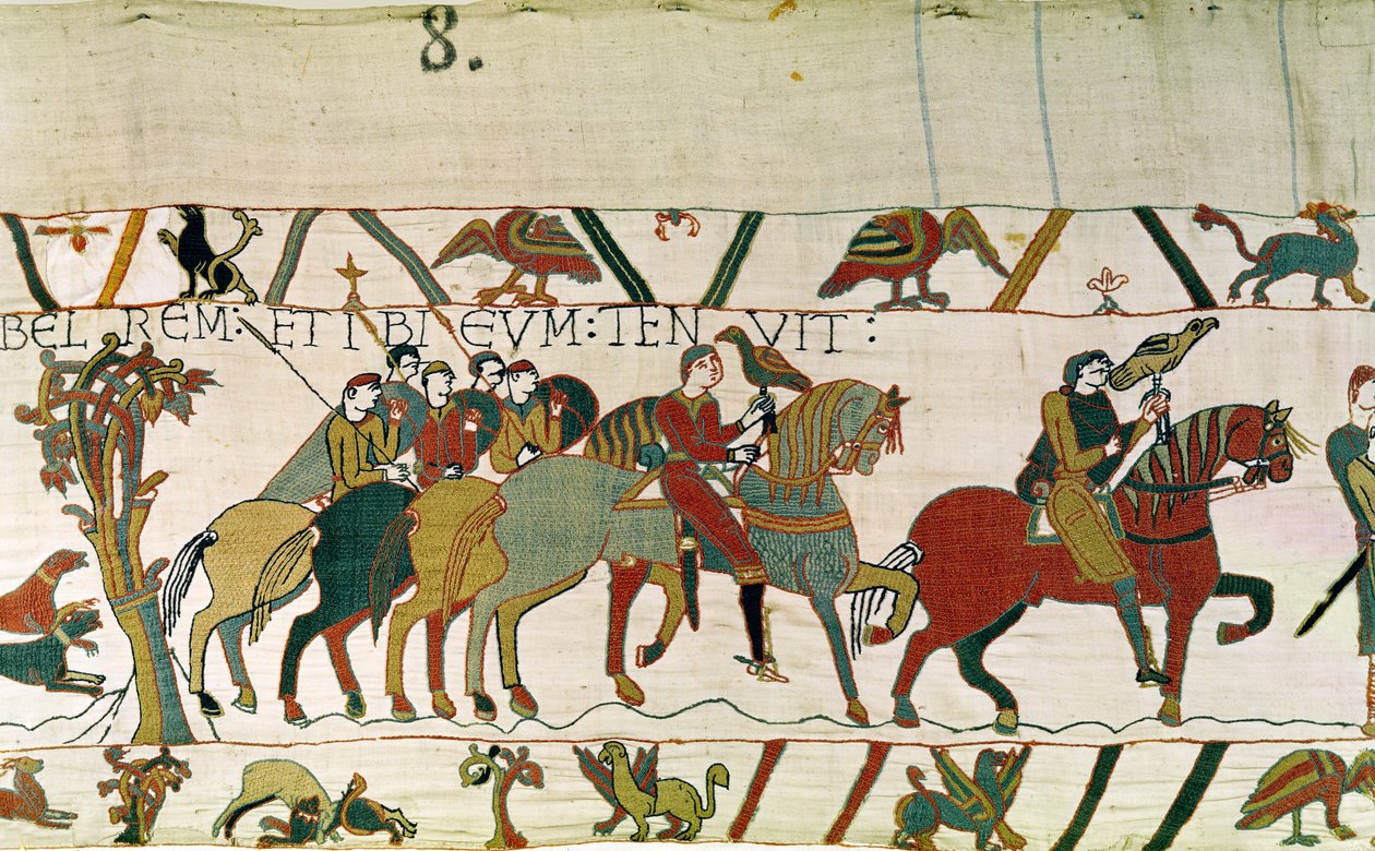 Conde Guy leva Harold para Beaurain, onde ele o segura, tapeçaria de Bayeux de Unbekannt Unbekannt