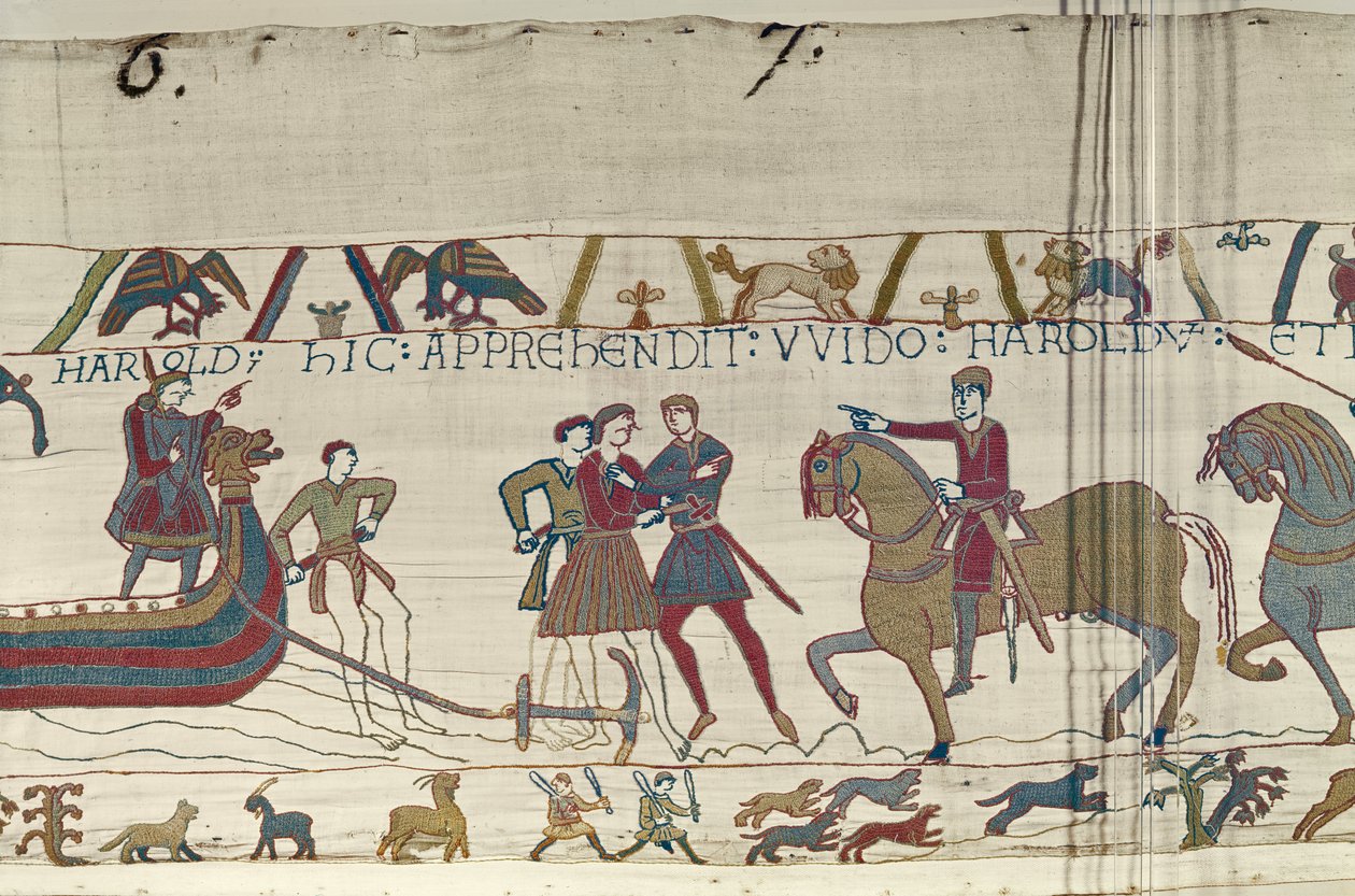Conde Guy de Ponthieu apreende Harold quando ele chega à Normandia, Tapeçaria de Bayeux de Unbekannt Unbekannt