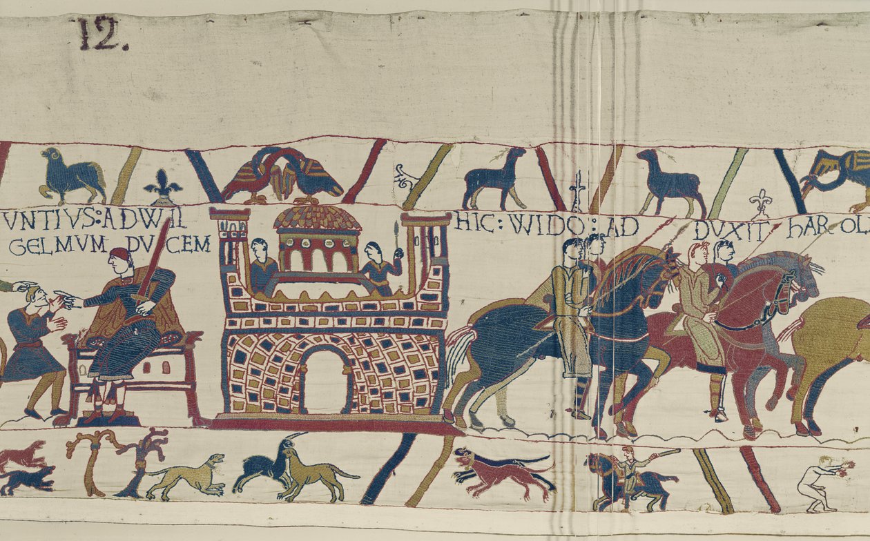 O Conde Guy leva Earl Harold a William, Duque da Normandia, Tapeçaria de Bayeux de Unbekannt Unbekannt