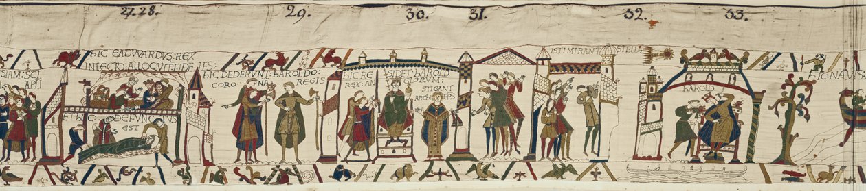 Morte de Eduardo, o Confessor e coroação de Harold, mas uma estrela sinistra aparece, Bayeux Tapestry de Unbekannt Unbekannt