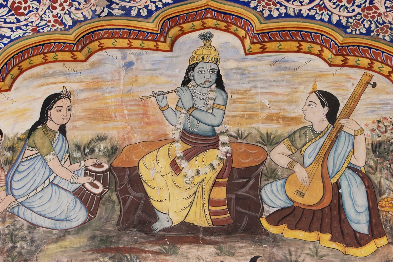 Detalhe das pinturas ao longo do pátio do Nawalgarh Podar Haveli Museum, Nawalgarh, Rajastão, Índia de Unbekannt Unbekannt