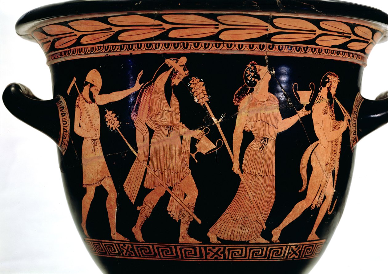 Procissão dionisíaca, detalhe de um sino-krater ático de figuras vermelhas, século V aC de Unbekannt Unbekannt