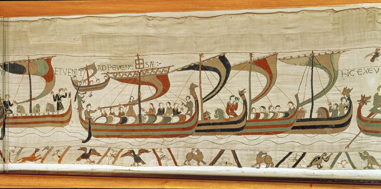 Duque William e a frota de invasão normanda atravessam o canal, a tapeçaria de Bayeux de Unbekannt Unbekannt
