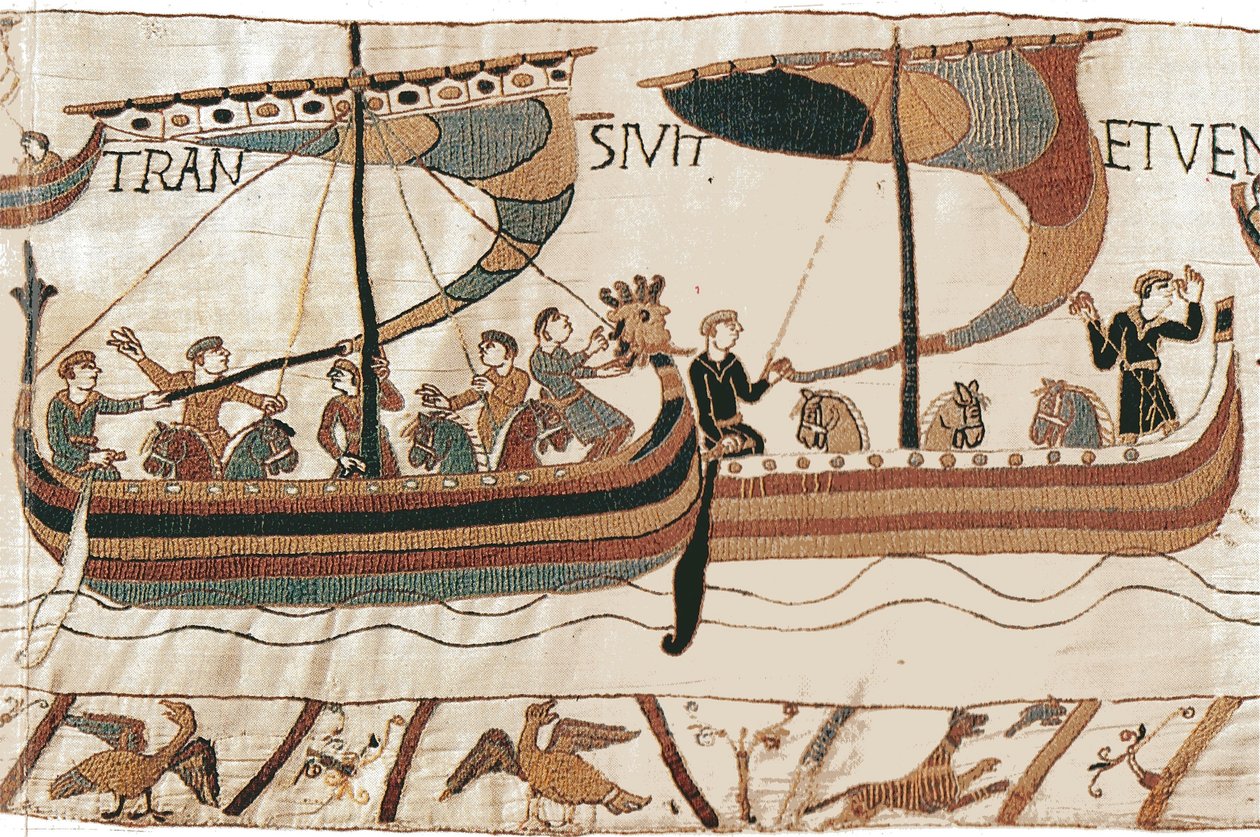 Duque William e a frota de invasão normanda atravessam o canal, a tapeçaria de Bayeux de Unbekannt Unbekannt