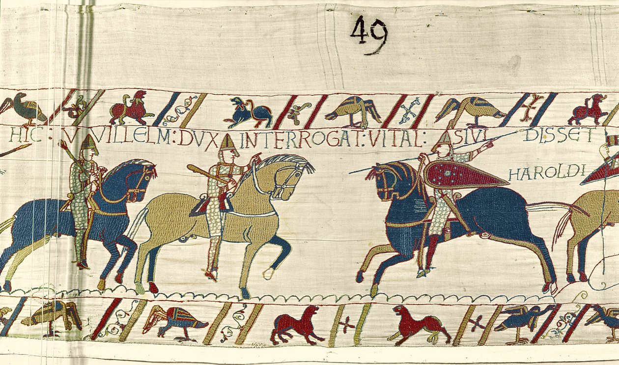 O duque William pergunta a Vital se ele viu o exército de Haroldo, a tapeçaria de Bayeux de Unbekannt Unbekannt