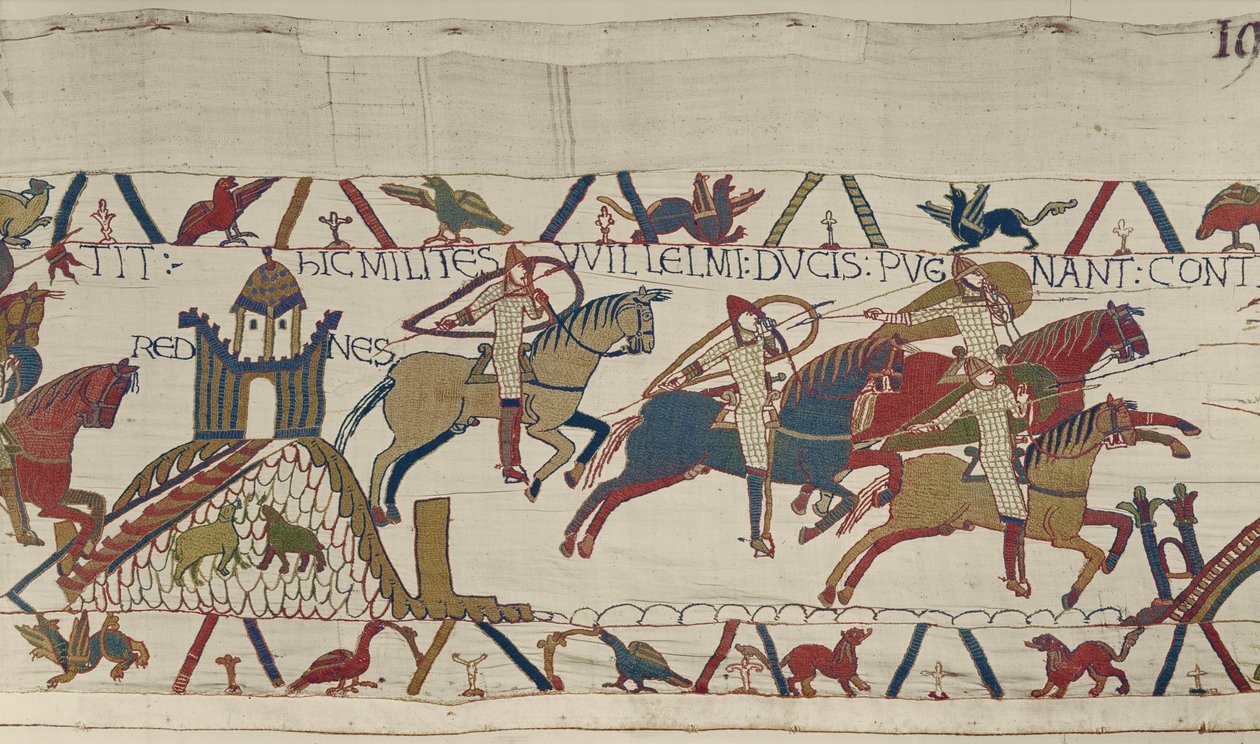 Os soldados do duque Guilherme passam por Rennes em busca do duque Conan da Bretanha, tapeçaria de Bayeux de Unbekannt Unbekannt