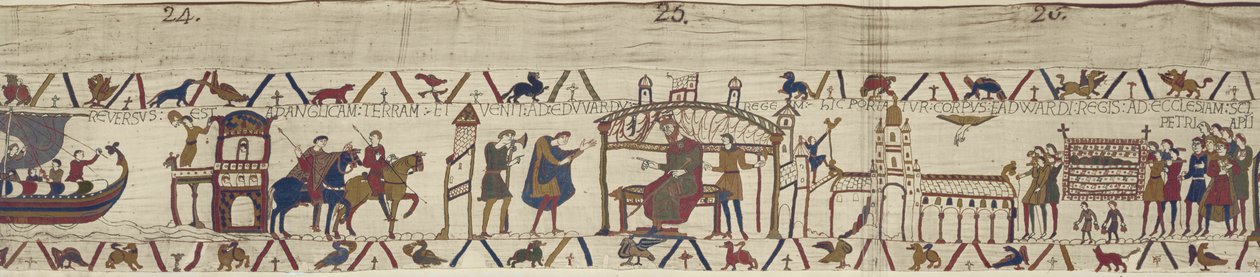 Conde Harold retorna à Inglaterra e visita o Rei Eduardo, o Confessor, cujo corpo é levado para a Igreja de São Pedro, Tapeçaria de Bayeux de Unbekannt Unbekannt