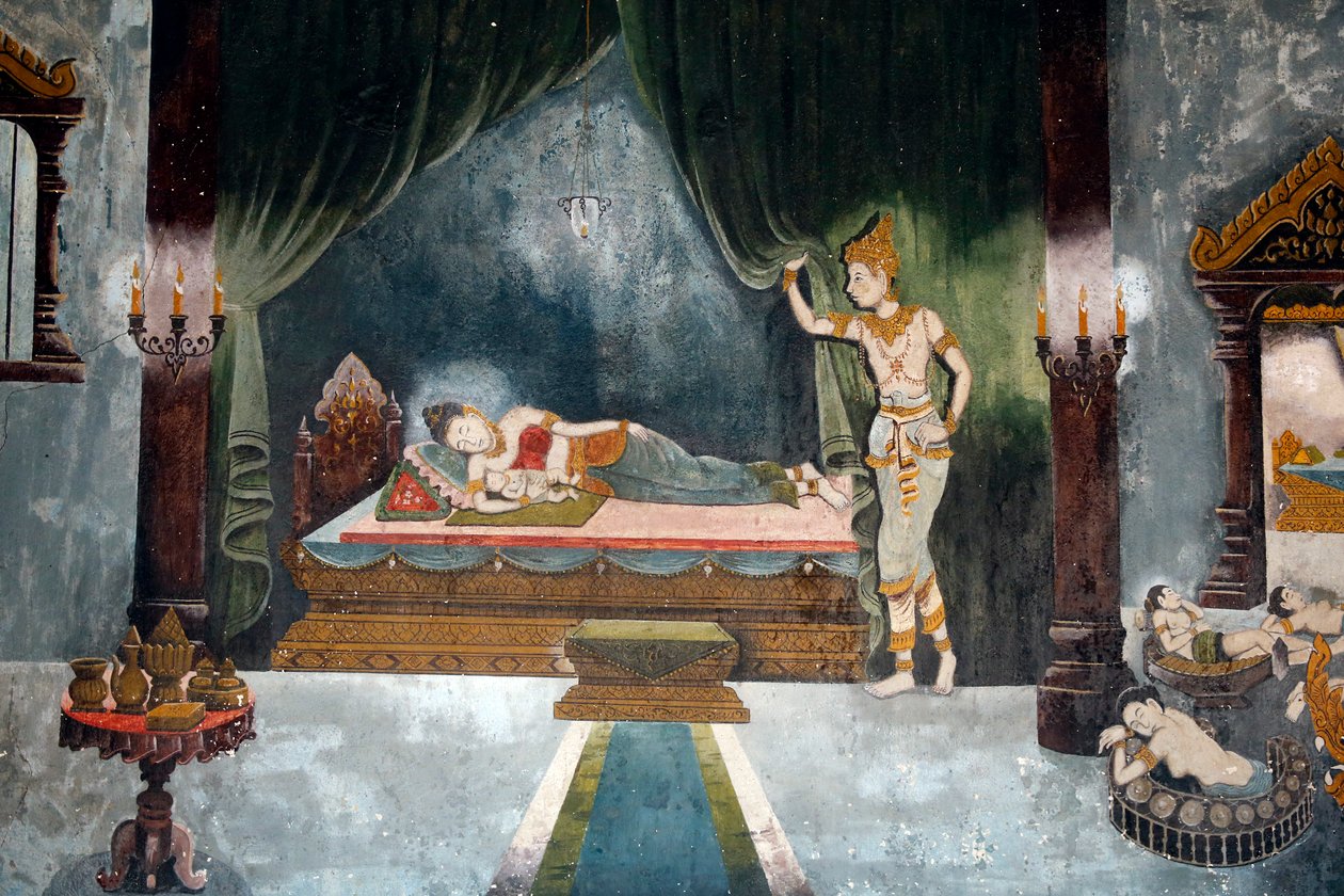 Fresco, descrevendo, um, cena, de, buddha&39;s, vida, em, wat, phra doi, Suthep, chiang mai., Buddha, como, príncipe, Siddharta, deixa, seu, esposa, e, child., Tailandia de Unbekannt Unbekannt