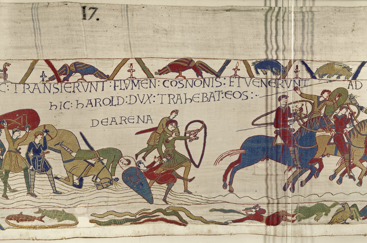 Harold arrasta soldados normandos do Quicksand, tapeçaria de Bayeux de Unbekannt Unbekannt