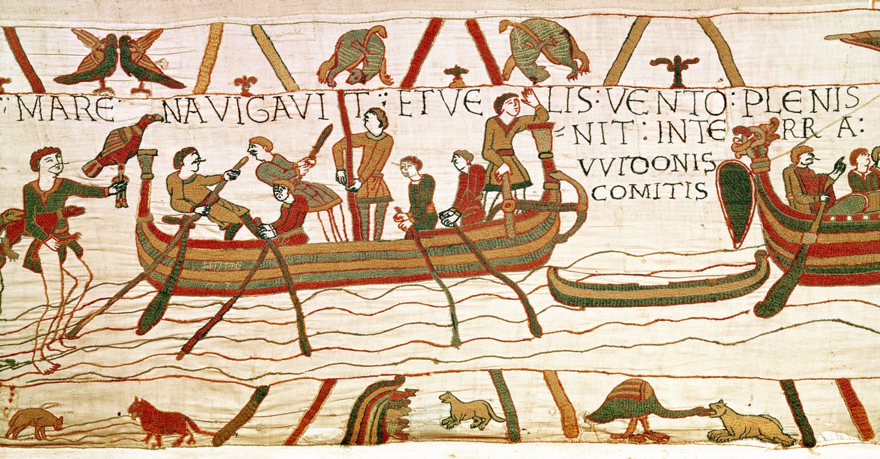 Harold atravessa o canal para o território do Conde Guy de Ponthieu, tapeçaria de Bayeux de Unbekannt Unbekannt