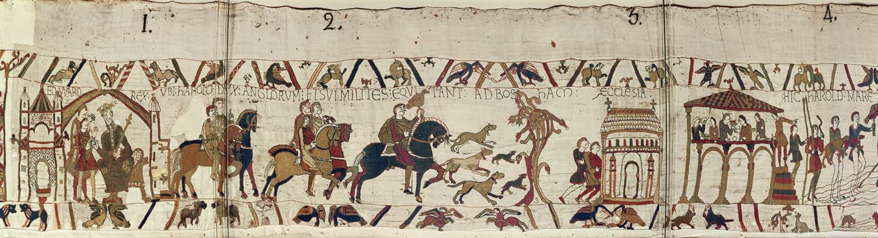Rei Eduardo, o Confessor, envia Harold com seus homens para a Normandia, Tapeçaria de Bayeux de Unbekannt Unbekannt