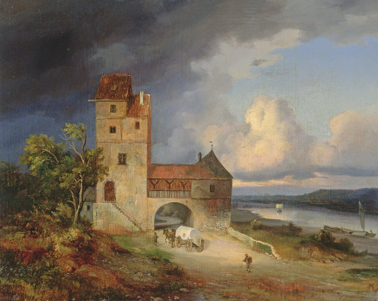 Paisagem junto ao rio com a torre e porta de entrada, 1844 de Unbekannt Unbekannt