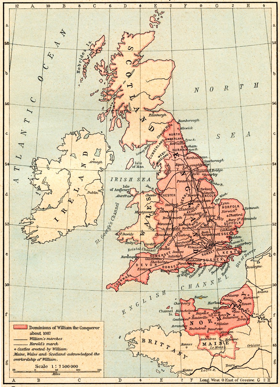 Mapa da Grã-Bretanha mostrando os domínios de Guilherme, o Conquistador, c.1087, do Atlas Histórico, publicado em 1923 de Unbekannt Unbekannt