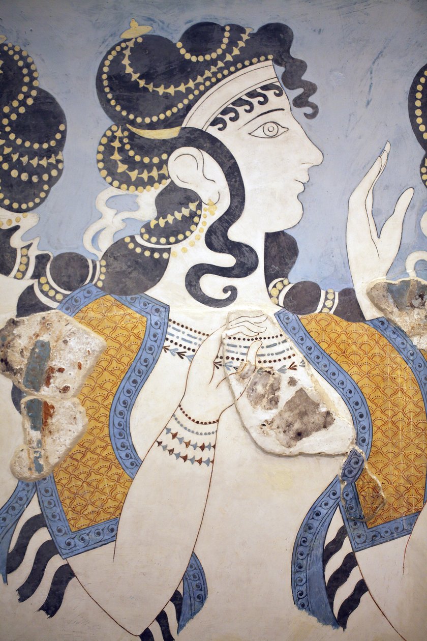 Arte minóica. Detalhes das “” senhoras de azul ”” ”afresco. Composição da figura fêmea ricamente vestido e generosamente bejeweled descrita contra uma terra azul. Apesar de sua condição fragmentária, essa pintura de parede transmite o significado de opulên de Unbekannt Unbekannt