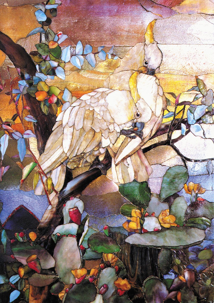 Painel de mosaico com cacatuas de crista de enxofre, c.1908 de Unbekannt Unbekannt