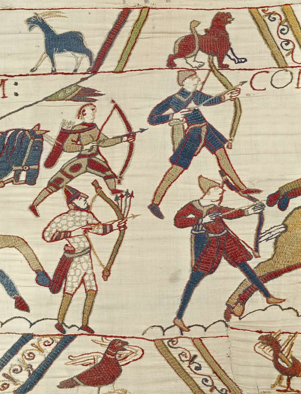 Arqueiros normandos se preparam para a batalha contra o exército inglês, a tapeçaria de Bayeux de Unbekannt Unbekannt