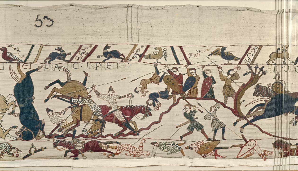 Normandos e ingleses caem lado a lado em batalha, tapeçaria de Bayeux de Unbekannt Unbekannt