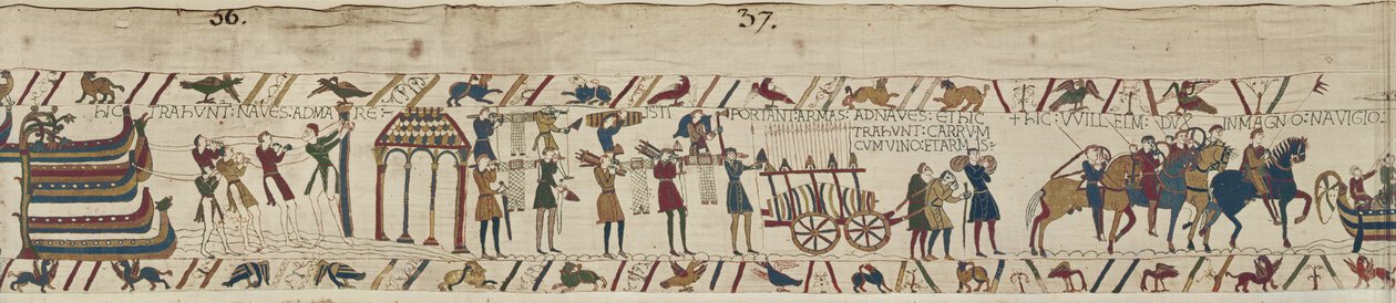 Normandos carregando armas para os navios e puxando um carrinho carregado de vinho e armas, Bayeux Tapestry de Unbekannt Unbekannt