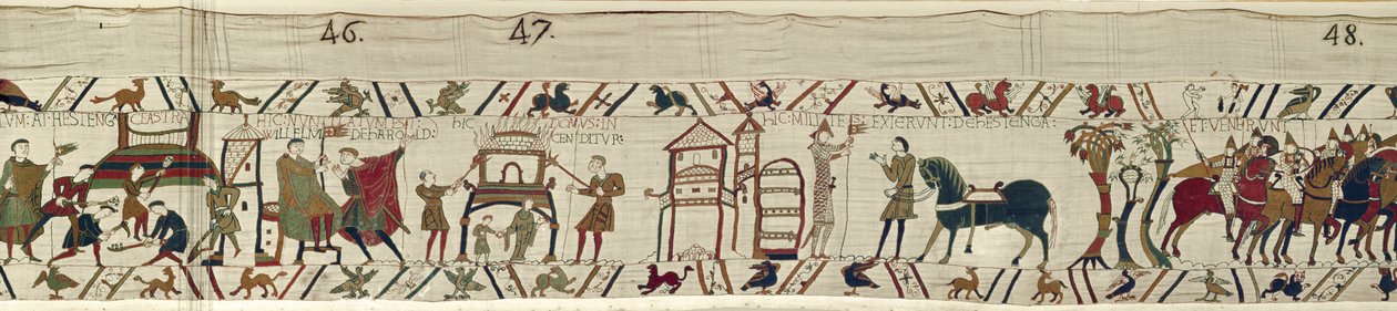 Os normandos constroem fortificações em Hastings e, ouvindo notícias de Harold, partem para a batalha, Bayeux Tapestry de Unbekannt Unbekannt