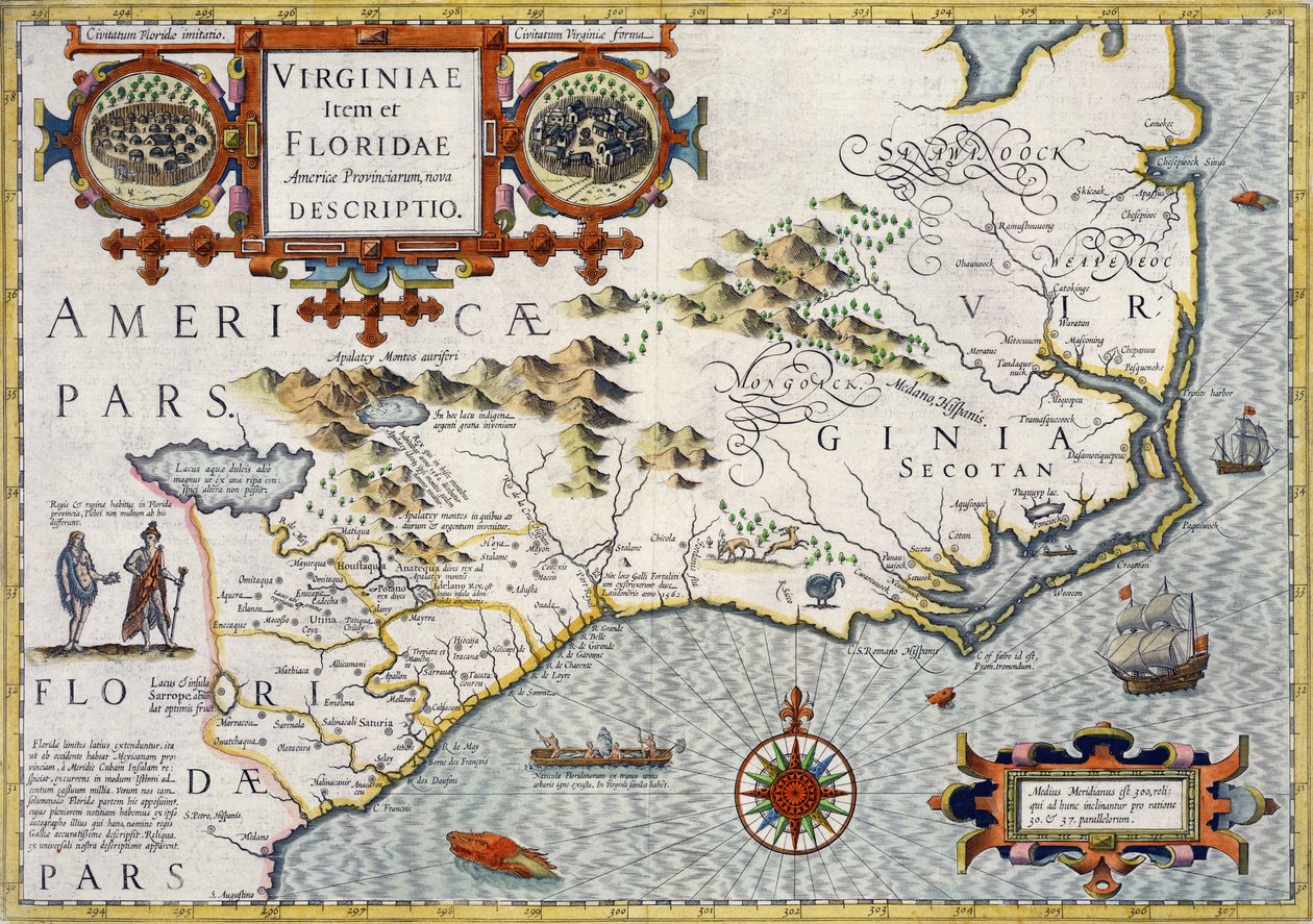 Carolina do Norte, intitulada "Virginiae item et Floridae" do Mercator "Atlas ..." de 1606, pub. por Jodocus Hondius, 1619 de Unbekannt Unbekannt