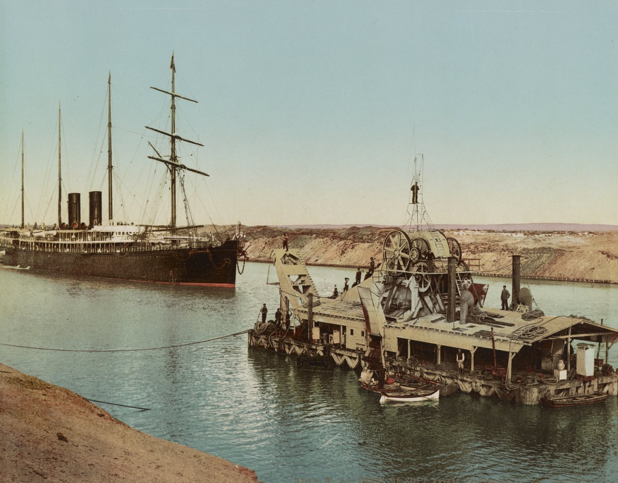 Canal de Suez, navio e máquina de dragagem, c.1900 de Unbekannt Unbekannt