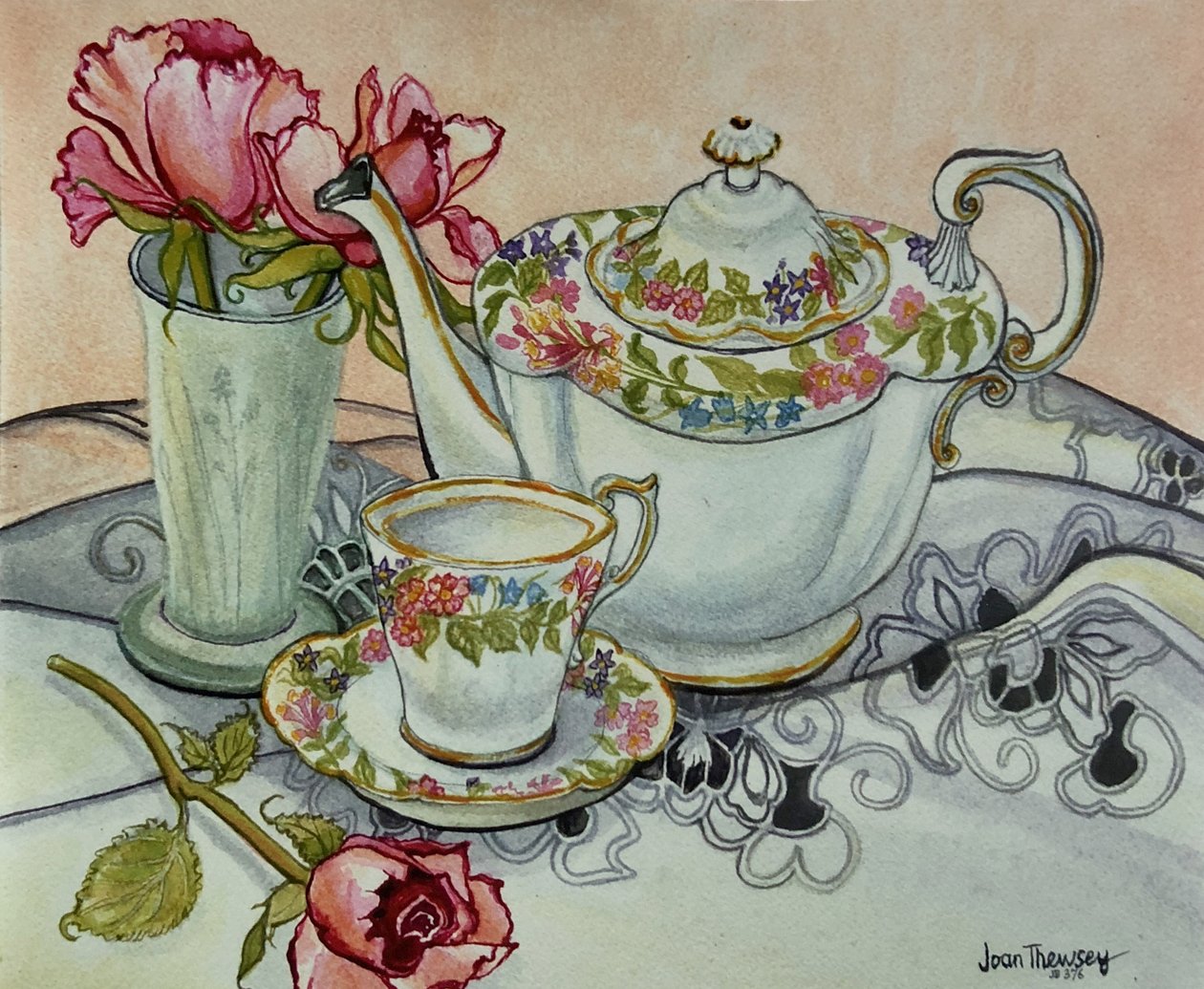 Hora do chá com rosas e um pano cutwork, de Unbekannt Unbekannt