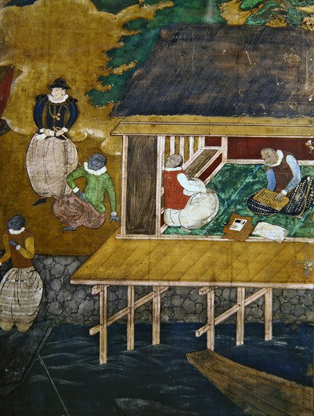 A chegada dos portugueses no Japão, detalhe de uma casa sobre palafitas, de uma tela de Namban Byobu, 1594-1618 de Unbekannt Unbekannt