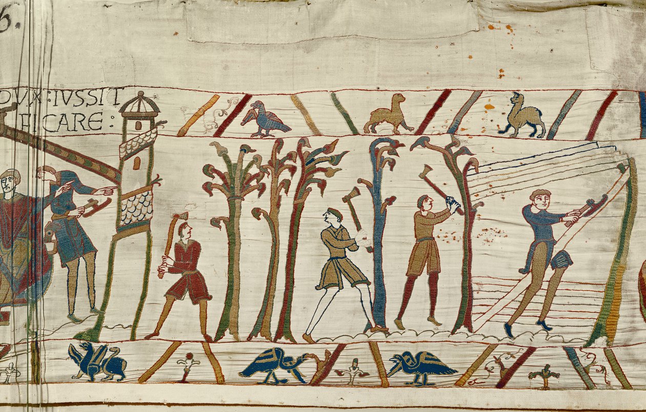 Árvores são cortadas para construir navios para a frota normanda, a tapeçaria de Bayeux de Unbekannt Unbekannt
