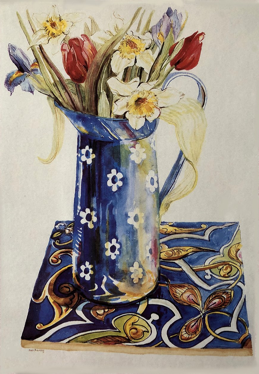Tulipas, íris e Narciso em um jarro de esmalte azul com uma telha italiana, de Unbekannt Unbekannt