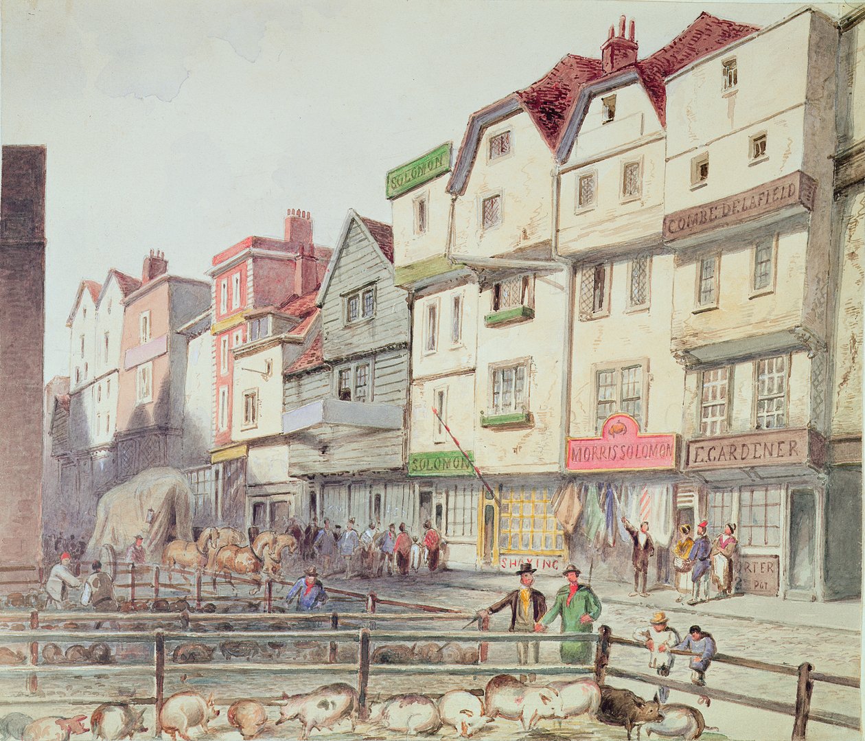 Vista, de, pista longa, com, porcos, em, canetas, em, parte, de, antigas, smithfield, mercado, 1844 de Unbekannt Unbekannt