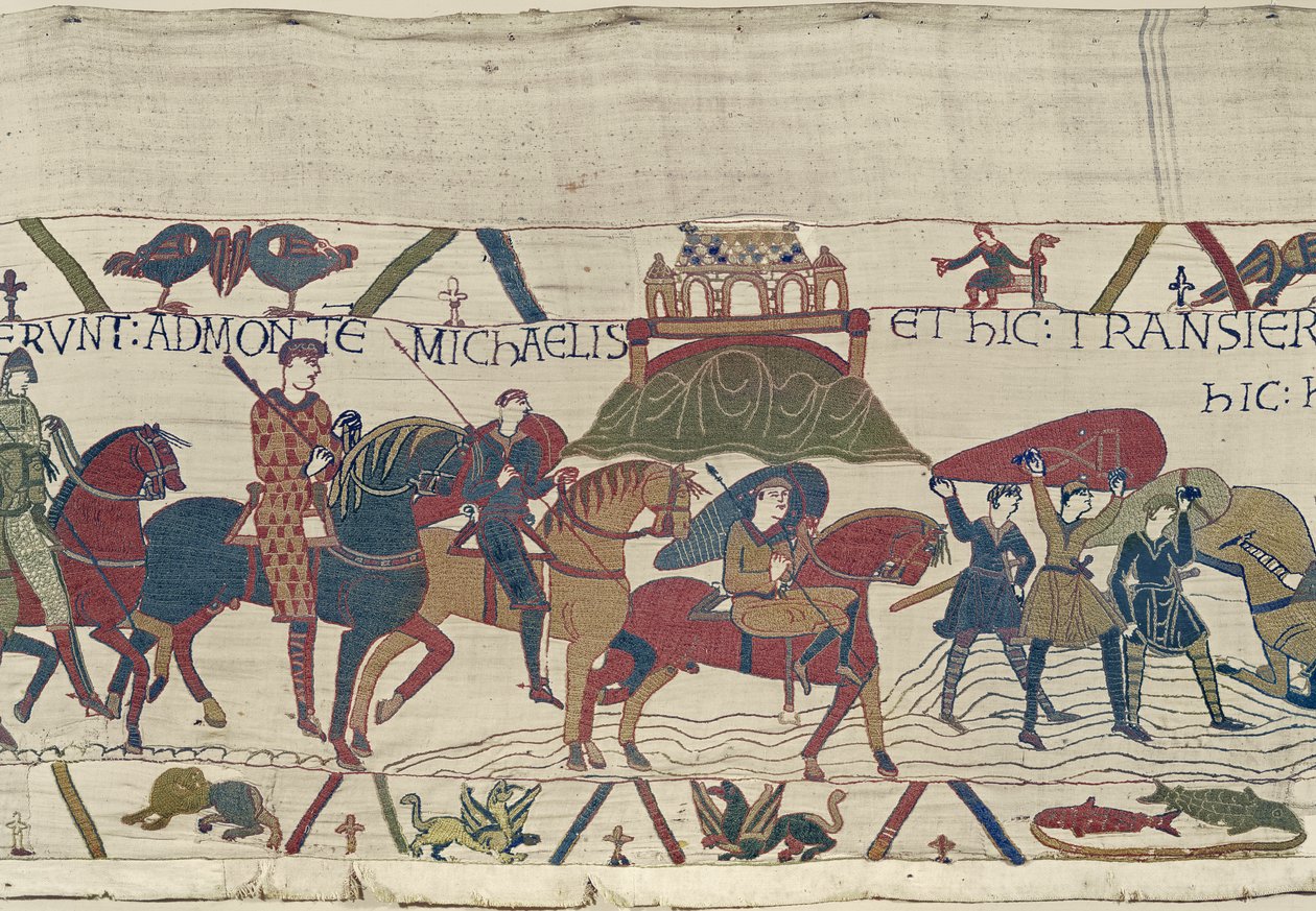 William leva seu exército para a Bretanha, onde eles ficam presos na areia movediça, Bayeux Tapestry de Unbekannt Unbekannt
