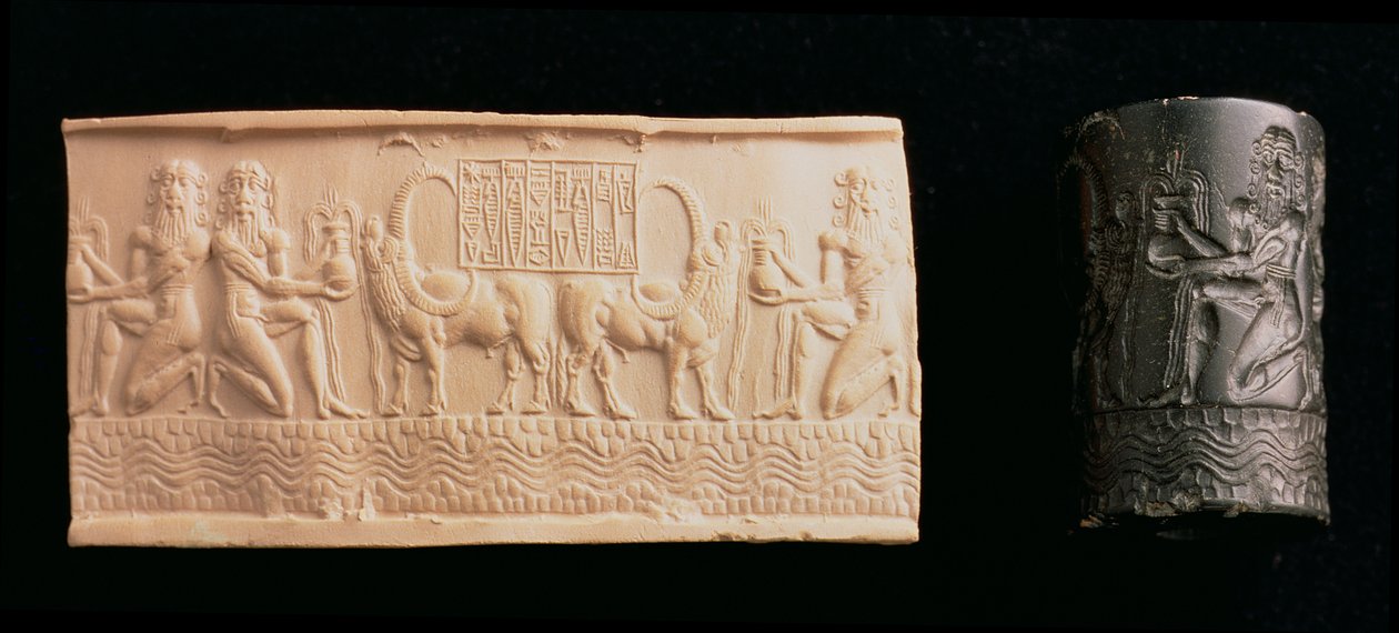 00326 Selo cilíndrico de Shar-kali-sharri, Rei de Akkad, Mesopotâmia, c.2340-2100 BC (mármore preto) de Unbekannt